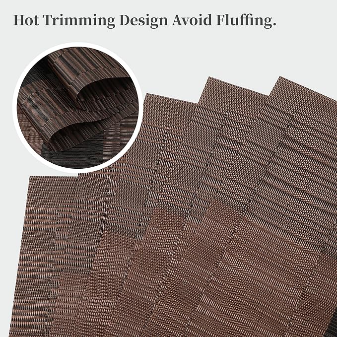 Leetaltree Brown with Black Striped Placemats Set of 4 - Heat Resistant Non-Slip Place mats for Dining Table, Washable Durable PVC Vinyl Woven Table Mats（Brown Stripe, 4）