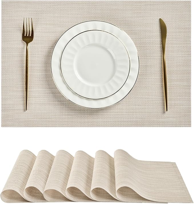Leetaltree Beige White Placemats Set of 6 - Heat Resistant Non-Slip Place mats for Dining Table, Washable Durable PVC Vinyl Woven Table Mats(Beige White, 6)