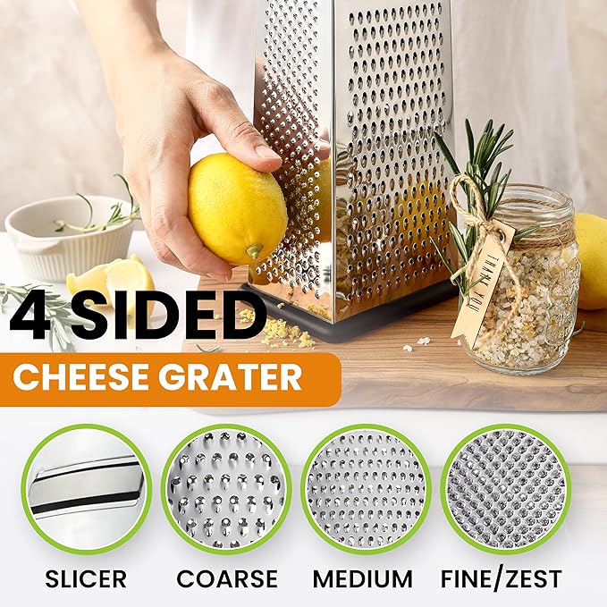 Spring Chef Professional Large Parmesan Cheese Grater, Stainless Steel Metal Box Grater with Handle, 4 Sided Handheld Kitchen Food Shredder for Cheese, Carrot, Veggie, Ginger, Potato - Dishwasher Safe
