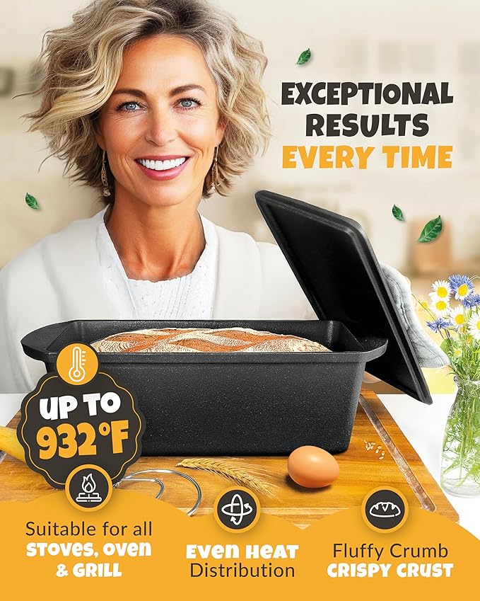 CRUSTLOVE Rectangular Cast Iron Dutch Oven for Bread Baking - incl. Sourdough Bread-Baking Supplies - 3.2QT Bread-Pan for Homemade-Bread, Sour dough Bread-Pans with Lid, Bread-Oven, Bread-Baking-Pan