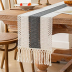 FEXIA Boho Table Runner for Home Decor with Tassels 36 Inches Long,Grey Farmhouse Rustic Table Runner Macrame Burlap Table Decoration for Living Room Bridal Shower(12x36 Inches)
