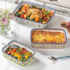 Casserole Dishes for Oven, Ceramic Baking Dishes Set of 3, Rectangular Lasagna Pans, Ceramic Bakeware Set for Baking, Roasting and Serving - Boho Style