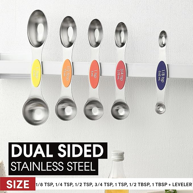 Spring Chef Stainless Steel Magnetic Measuring Spoons Set of 8 with Leveler, Nesting Teaspoon & Tablespoon Measuring Spoons, Kitchen Gadgets for Baking & Cooking, Fits in Spice Jars - Mountain Sunrise