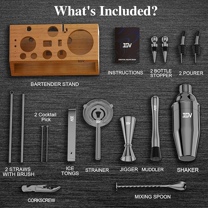 IOV Cocktail Shaker Set Bartender Kit with Stand | Bar Set Drink Mixer Set Includes Martini Shaker, Jigger, Strainer, Mixing Spoon, Muddler, Recipe Book | Home Bar Accessories Gift Set (Black)