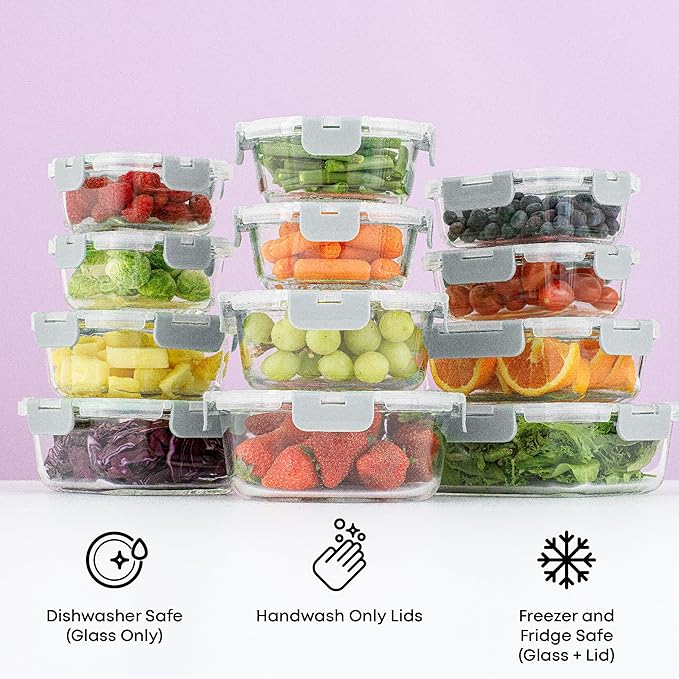 JoyJolt 24pc Borosilicate Glass Storage Containers with Lids | 12 Airtight/Freezer Safe Food Storage Containers for Pantry and Kitchen | Meal Prep Container for Lunch | Glass Tupperware Set