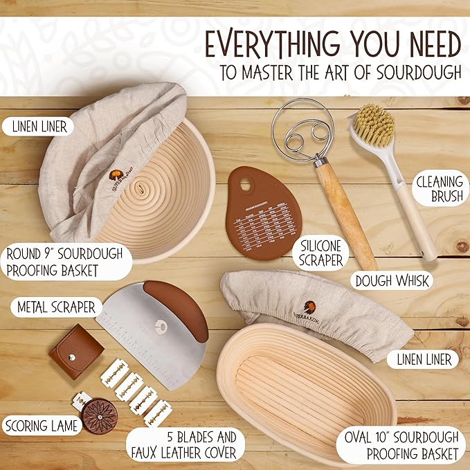 Superbaking Sourdough Proofing Basket Gift Set, Round 9" & Oval 10" Banneton, Sourdough Starter Kit, Sourdough Banneton Basket, Banneton Bread Proofing Basket Set of 2, Sourdough Bread Baking Supplies