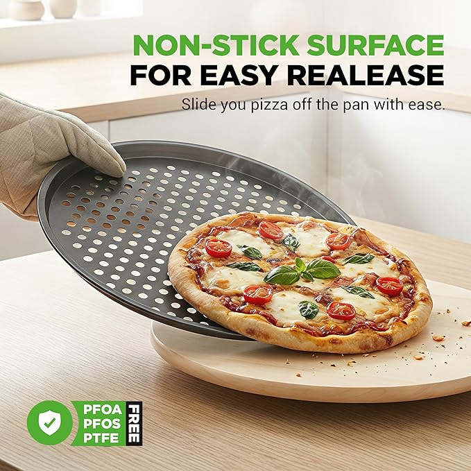 NutriChef 12.8 Inch Nonstick Pizza Pan for Oven - Carbon Steel Pizza Baking Tray with Airflow Holes - Premium Bakeware for Fresh & Frozen Pizza, Dishwasher Safe - Gray