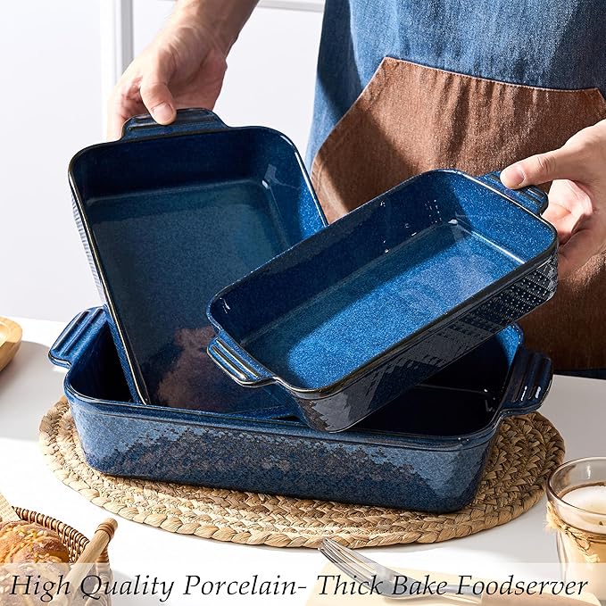 Ceramic Baking Dish Set of 3, Casserole Dishes for Oven, Square Porcelain Bakeware Set with Handles, Lasagna Baking Pan for Cooking, Perfect for Baking and Serving, Housewarming, Halloween, Thanksgiving, Christmas, New Year- Blue