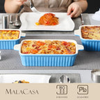 MALACASA Casserole Dishes for Oven, Porcelain Baking Dishes, Ceramic Bakeware Sets of 4, Rectangular Lasagna Pans Deep with Handles for Baking Kitchen, Blue (9.4"/11.1"/12.2"/14.7"), Series BAKE.BAKE