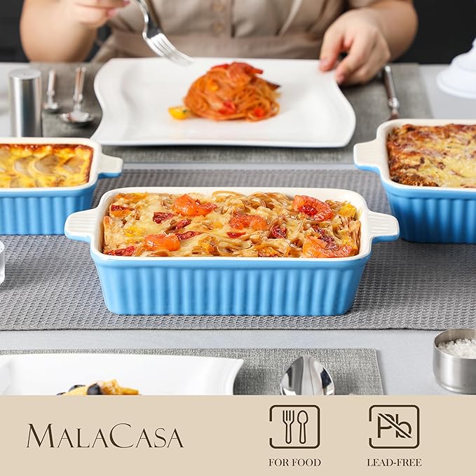 MALACASA Casserole Dishes for Oven, Porcelain Baking Dishes, Ceramic Bakeware Sets of 4, Rectangular Lasagna Pans Deep with Handles for Baking Kitchen, Blue (9.4"/11.1"/12.2"/14.7"), Series BAKE.BAKE