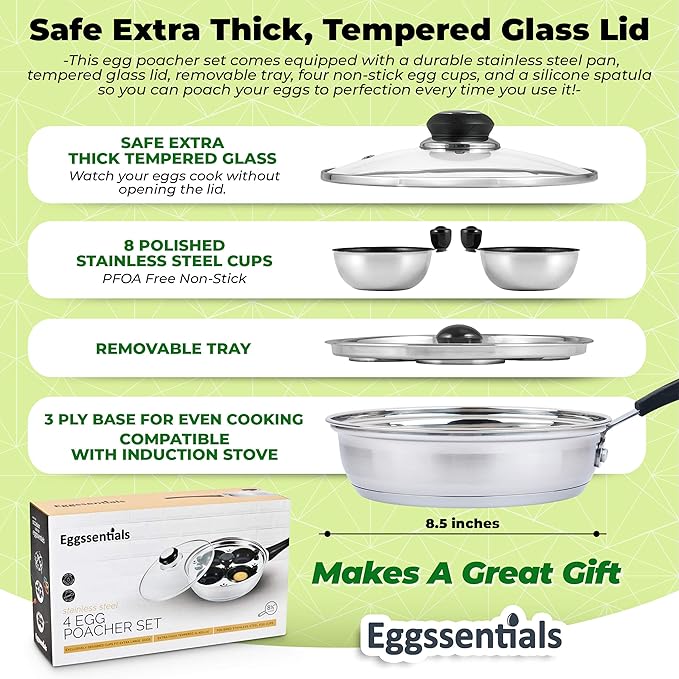 Eggssentials Egg Poacher Pan Nonstick Poached Egg Maker, Stainless Steel Egg Poaching Pan, Poached Eggs Cooker Food Grade Safe PFOA Free with Spatula
