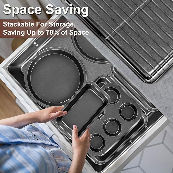 12PCS Nonstick Baking Pans Set - Stackable Bakeware Sets with Wider Grip, Carbon Steel Baking Set Including Cookie Sheets for Baking, Muffin Pan, Loaf Pan, Cake pan, Roasting Pan, Oven Mitts