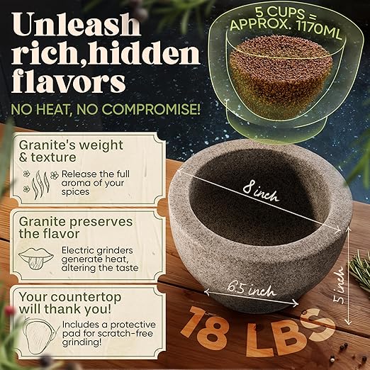 ChefSofi Extra Large 8 Inch 5 Cup-Capacity Mortar and Pestle Set - One Huge Mortar and Two Pestels: 8.5 inch and 6.5 inch - Unpolished Heavy Granite for Enhanced Performance and Organic Appearance