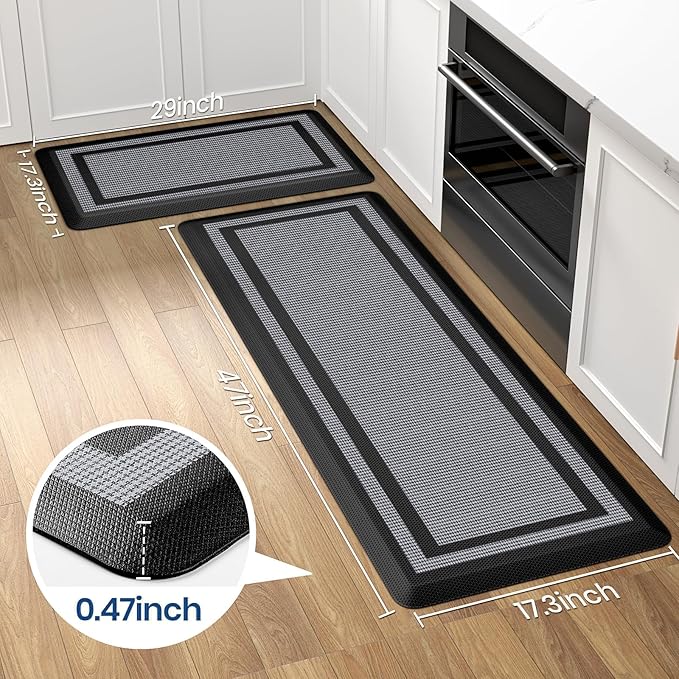 KitchenClouds [2 PCS] Kitchen Rugs Cushioned Anti-Fatigue Kitchen Mats for Floor Waterproof Kitchen Rug Set Non-Slip Comfort Standing Mat for Office, Sink, Laundry 17.3"×29"+17.3"×47",Black