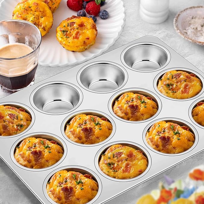 Homikit 3 Pack Muffin Pan, Stainless Steel Cupcake Tin with 12 Cups Regular Size, 13.8" x 10.4" Nonstick Metal Egg Bites Tray for Oven Baking, Non Toxic & Rust Free, Easy Release & Dishwasher Safe