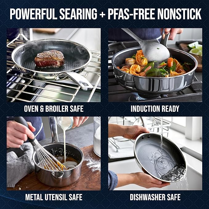 Blue Diamond Hybrid Nonstick Stainless Steel 12 Piece Cookware Set, Tri-Ply PFAS-Free Ceramic Diamond Bond Pots & Pans, Dishwasher & Oven Safe to 850F, Induction Ready, Metal Utensil Safe, Silver