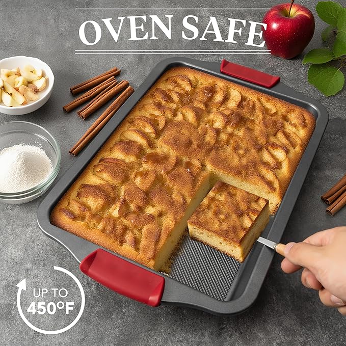 Tiawudi 13" x 9" Cake Pan, 0.8mm Thick Heavy Duty Baking Dish with Diamond Texture Pattern for Even Heating, Nonstick Baking Pan for Bread, Brownie or Lasagna, Cake Mold with Silicone Grip Handles