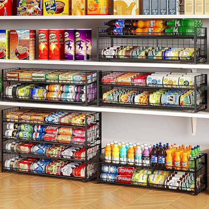 2-Tier Stackable Can Organizer for Pantry, Adjustable Extra-Long Can Rack for Pantry Shelf Organizer and Storage, Sturdy Standing Can Holder for Canned Soup Food Goods Storage up to 64 Cans, Black