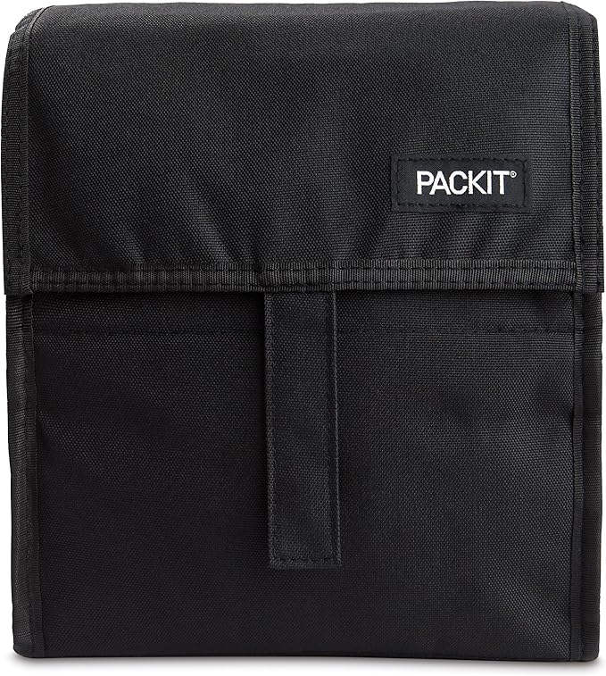 PackIt Freezable Lunch Bag, Black, Built with EcoFreeze Technology, Foldable, Reusable, Zip and Fold Closure with Buckle Handle, Perfect for School and Office Lunches