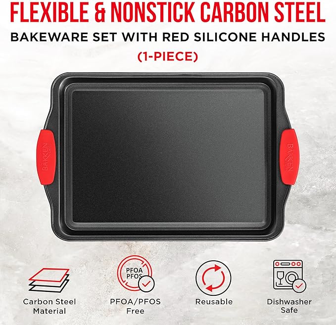 Nonstick Cookie Sheet Pan Carbon Steel Oven Tray Sheet Pan with Red Silicone Handles -Small Bakeware Pan Tray with Gray Coating Inside & Outside