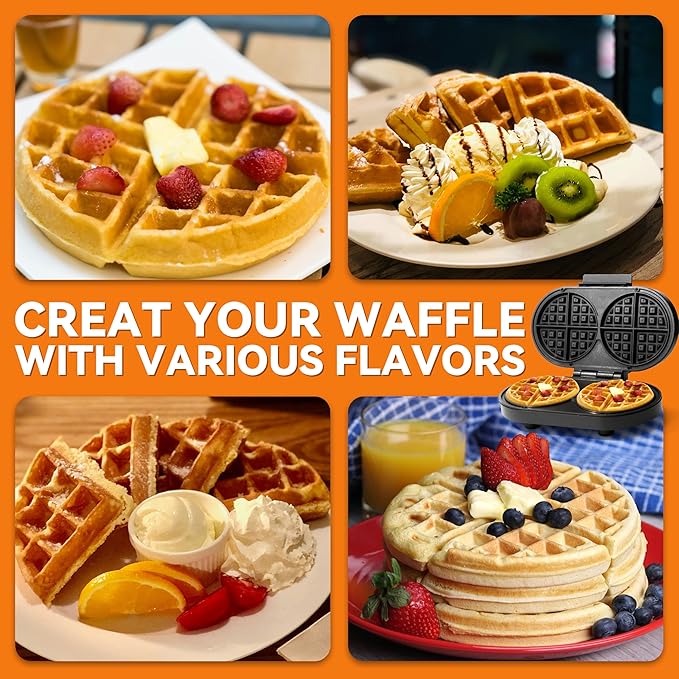 Baker’s Friend Double Belgian Waffle Maker Thick, 2 X 6” Round Waffle Maker, Belgium Waffle Iron, Waflera Electrica with Non-stick Plates, 1200W, Perfect for Kids & Family Breakfast, Graphite