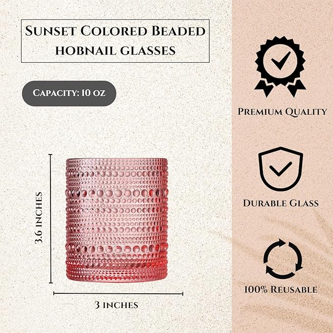 Hobnail Tumbler Drinking Glasses Set | Set of 5 | Vintage Sunset Colored Beaded Hobnails 10 OZ Muted Bubble Whiskey Glassware, Old-Fashioned, Embossed Design Glass Water Wine, Cocktail Glass Set Gift