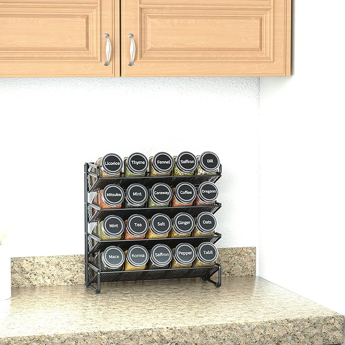 SpaceAid Spice Rack Organizer with 20 Spice Jars, 386 Spice Labels, Chalk Marker and Funnel Set for Cabinet, Countertop, Pantry, Cupboard or Door & Wall Mount - 20 Jars, 9.8" W × 10.8“H, Black
