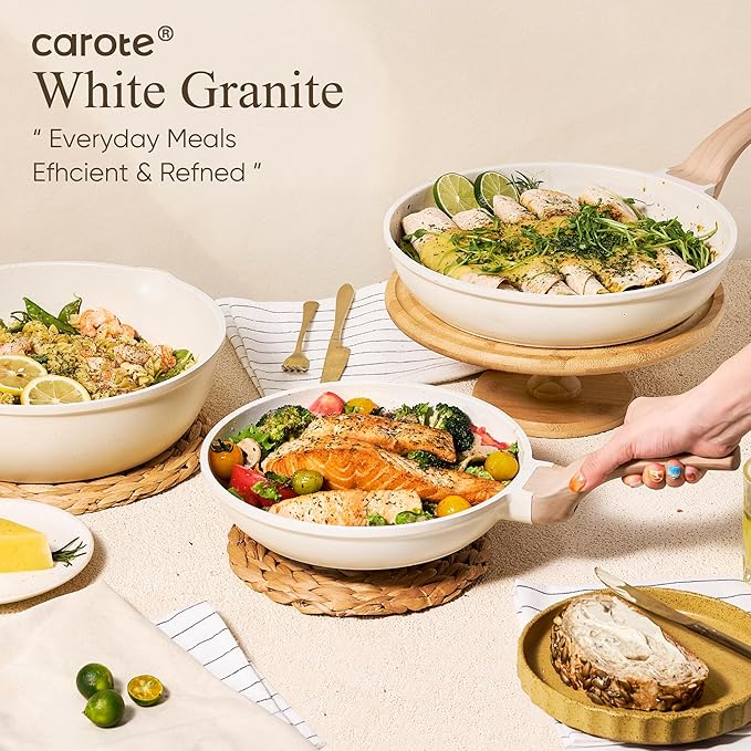 CAROTE 21Pcs Pots and Pans Set, Nonstick Cookware Sets, White Granite Induction Cookware Non Stick Cooking Set w/Frying Pans & Saucepans(PFOS, PFOA Free)