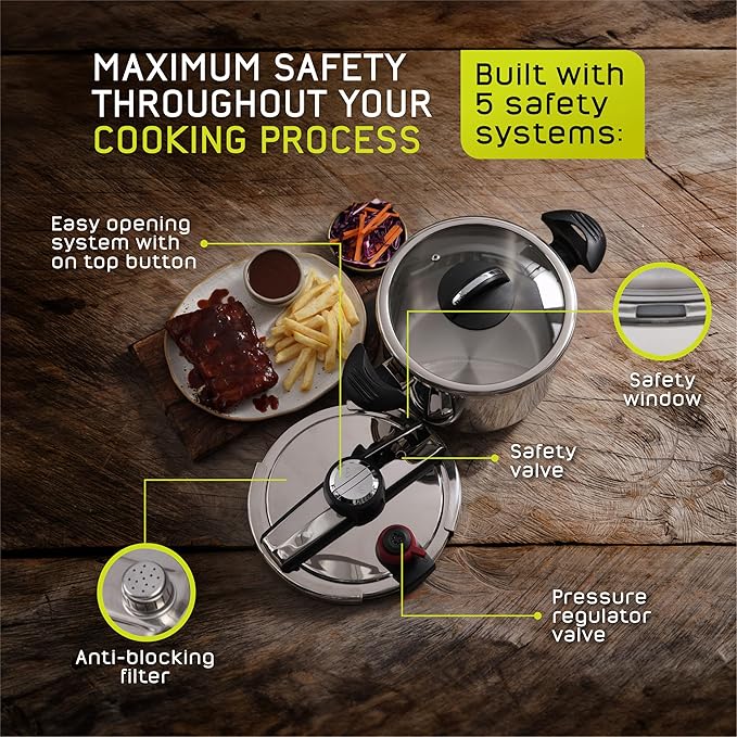 Universal (6.3 Qt/6 Liter) Silver Express Pressure Cooker + Extra Glass Lid, (15 PSI/100 kPa) with Easy Opening System, Ultra Safe Stainless Steel Pressure Cooker