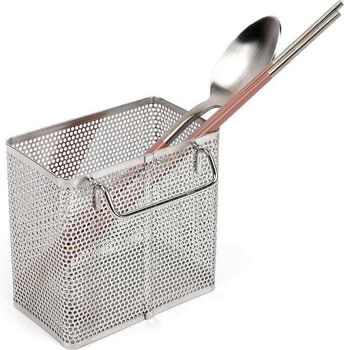 LENITH Kitchen Utensil Chopsticks Perforated Holder with Hooks - 304 Stainless Steel Storage for Organizer Dishwasher Safe (Small Rectangle)