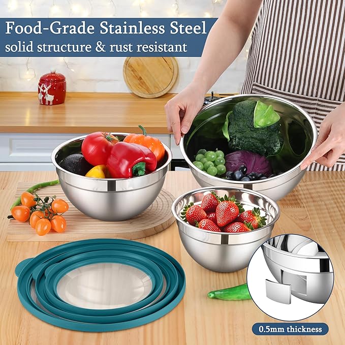 LIANYU Stainless Steel Metal Mixing Bowls, 3 Packs Deep Nesting Mixing Bowls Set for Baking Cooking and Prepping, 4.6 & 3 & 1.5QT Large and Small Size, Include Visible & Airtight Lid, Blue
