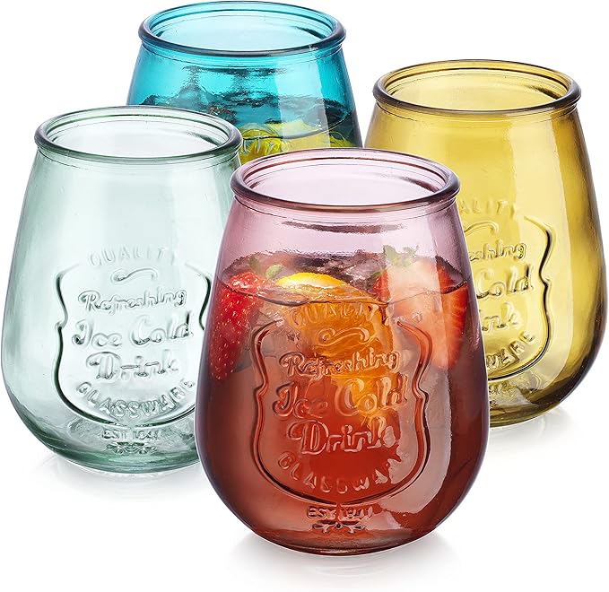 Glaver's Stemless Wine Glasses Set of 4 – 21oz Assorted Colored Wine Tumblers– Unique Embossed Logo, Vintage Cute Wine Glasses for, Beer, Juice, Cocktails, Fresh Drinks, Beverages, and more.