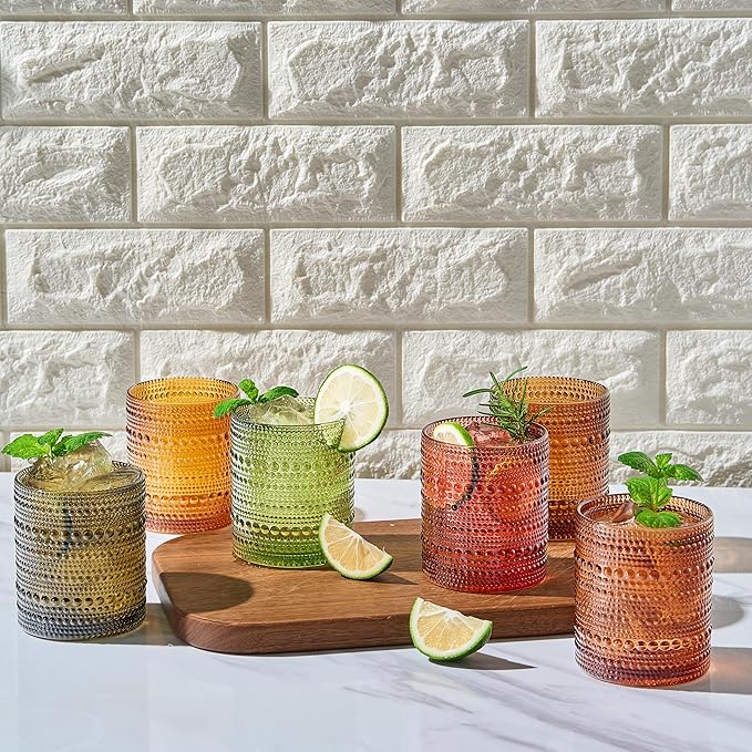 Hobnail Beaded Highball Drinking Tumbler Glasses | Set of 6 | Color, Vintage Bubble Design Whiskey Glassware, Old-Fashioned, Embossed Design for Water, Wine, Cocktail Embossed Heavy Glas, Rocks Glass