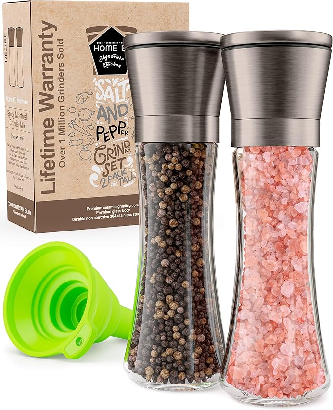 Home EC Original Gun Metal Bronze Salt and Pepper Grinder Set of 2 - Adjustable Ceramic Grinder - Tall Glass Salt and Pepper Shakers With Funnel and Ebook - Spice Mill - Bronze Kitchen Accessories