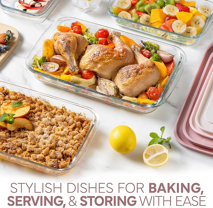 COOK WITH COLOR 8 PC. Glass Baking Dish Set with Lids - Deep Casserole Dish, Glass Food Container, Oven, Freezer and Microwave Safe, Clear Container, Pink