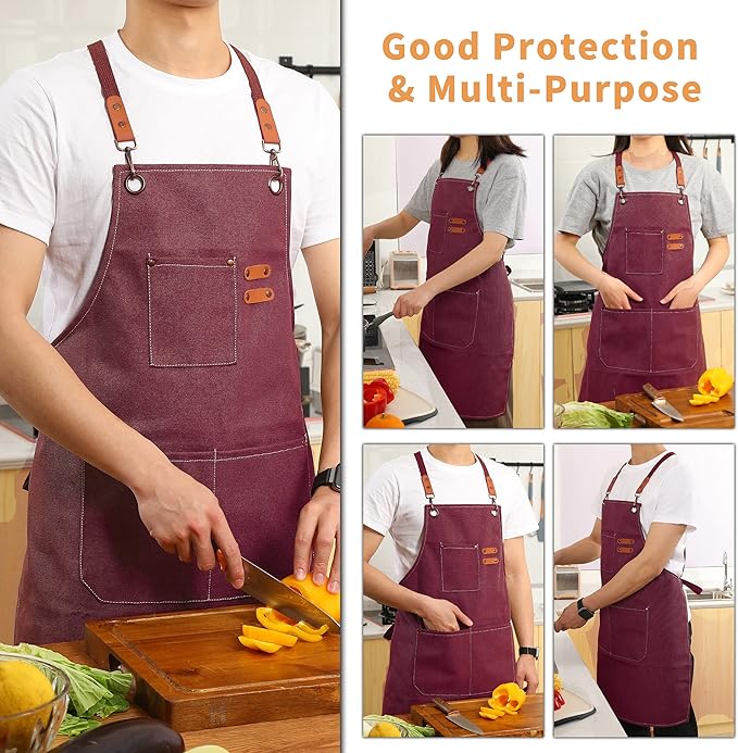 Tosewever Canvas Cross Back Chef Cotton Aprons for Men Women with Large Pockets