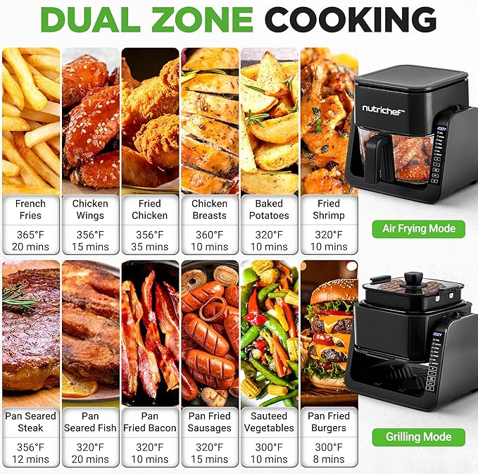 NutriChef 4 QT Air Fryer & Grill | 7-1 Preset Cook Modes | Transparent Fry Bowl for Best Cooking Results | Cook Shrimp, Steak, Fries, Wings & More | 4 QT Glass Air Fryer & 1.2 QT Grill | Black