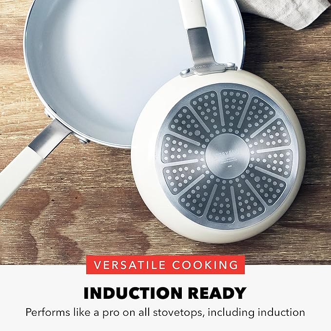GreenPan x Bobby Flay 13 Piece Nonstick Cookware Pots and Pans Set, PFAS-Free Diamond Ceramic, Induction Suitable, Easy Clean Dishwasher & Oven Safe, Stay-Cool Silicone Handles, Glass Lids, Cream