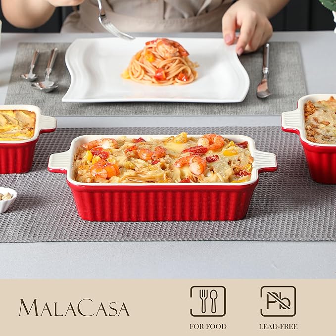 Bakeware Set of 4, MALACASA Porcelain Baking Pans Set for Oven, Casserole Dish, Ceramic Rectangular Baking Dish Lasagna Pans for Cooking Cake Pie Dinner Kitchen, Red (9.5"/11.25"/12.75"/14.5")
