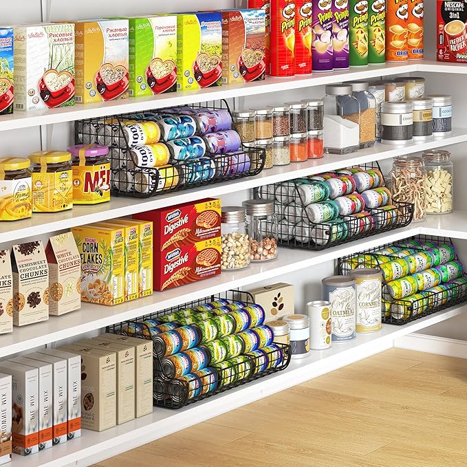 2-Tier Stackable Can Organizer for Pantry Shelves, 2 Pack Soda Can Organizer with 4 Adjustable Dividers, Kitchen Can Storage Organizer, Wire Drink Organizer, Metal Can Dispenser for Cabinets Shelf