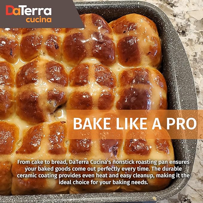 DaTerra Cucina Nonstick Roasting & Lasagna Pan – 16"x12"x3", Ceramic-Coated, Oven & Stovetop Safe to 600°F, Sturdy Base, PTFE, PFOA & Lead-Free, Durable & Stylish Deep Roasting Tray - Made in Italy