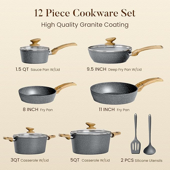 Kitchen Academy Induction Cookware Sets - 12 Piece Gray Cooking Pan Set, Granite Nonstick Pots and Pans Set