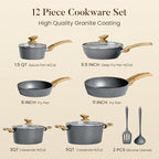 Kitchen Academy Induction Cookware Sets - 12 Piece Gray Cooking Pan Set, Granite Nonstick Pots and Pans Set