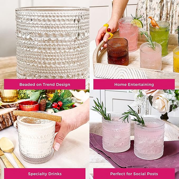 Kate Aspen Beaded Drinking Glasses Set of 6, 10 oz Retro Vintage Glassware - Boho Cocktail Water Juice Glasses, Hostess or Housewarming Gift