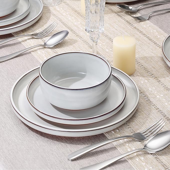 E-far Stoneware Dinnerware Sets for 4, 12 Pieces Reactive Glaze Plates and Bowls Sets, Elegant Dishes with Rustic Terracotta Base, Dishwasher & Microwave Safe, Scratch Resistant, Glacier White