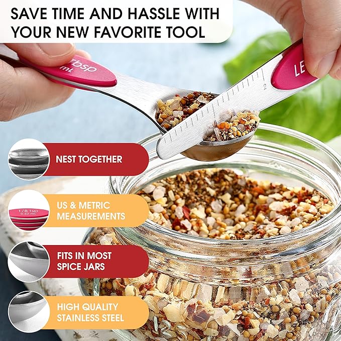 Spring Chef Pink Stainless Steel Magnetic Measuring Spoons Set of 8 with Leveler, Dual Sided Teaspoon & Tablespoon Measuring Set for Dry and Liquid Ingredients, Kitchen Gadgets for Baking & Cooking