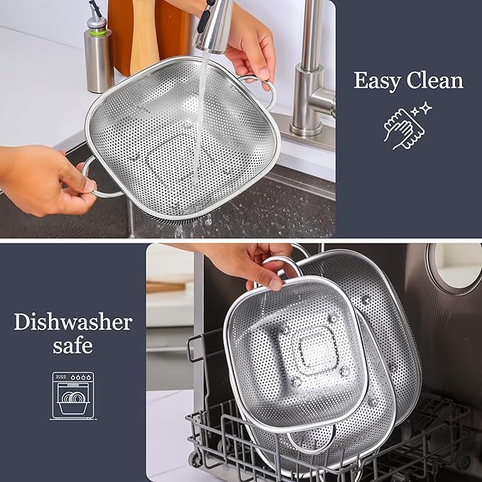 E-far 3 Pack Colander for Kitchen, Square Stainless Steel Metal Strainer Colander with Handle for Draining Food Pasta Vegetable, Micro-Perforated & Elevated Feet, Dishwasher Safe(2.4/4/6QT)