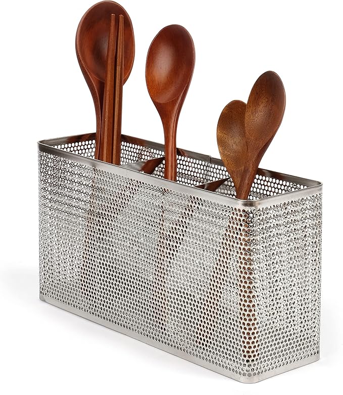 LENITH Kitchen Utensil Chopsticks Perforated Holder with Hooks - 304 Stainless Steel Storage for Organizer Dishwasher Safe (Large Rectangle)