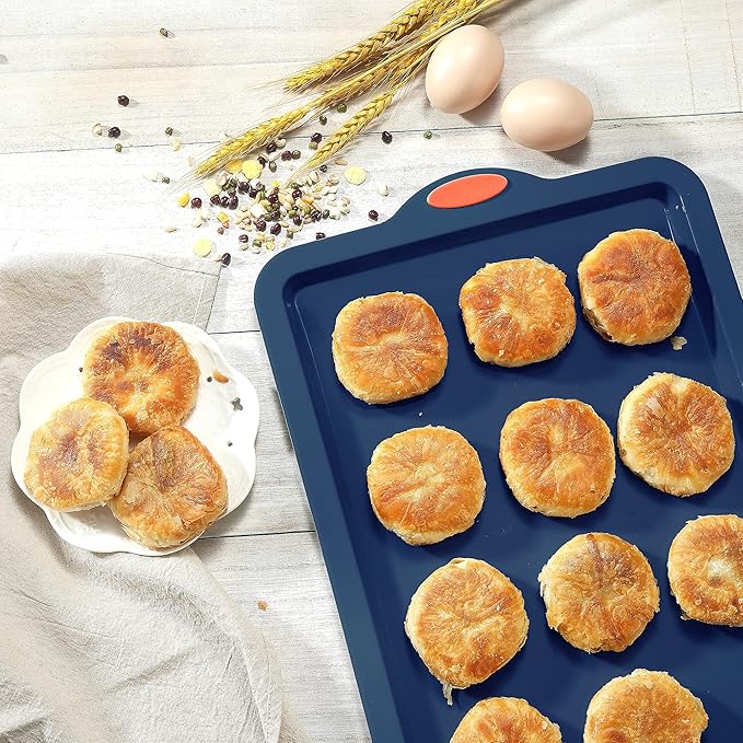 To encounter Silicone Baking Pans Set, 4 Pieces Nonstick Bakeware Set with Baking Pans, Baking Sheets, Cookie Sheets, Cake Pan with Grips and Metal Reinforced Frame More Strength, Navy Blue