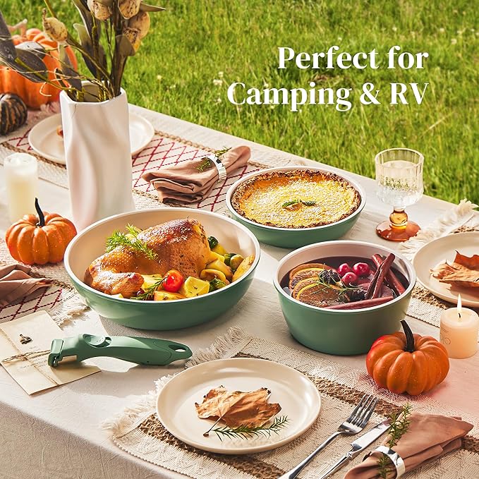 Redchef Ceramic Cookware Set, Removable Handle Pots and Pans Non-Stick, Rv Cookware Set, Non-Toxic Pots and Pans Set No PFAS, PTFE, PFOA, Detachable Pots and Pans, Dishwasher & Oven Safe (Green)